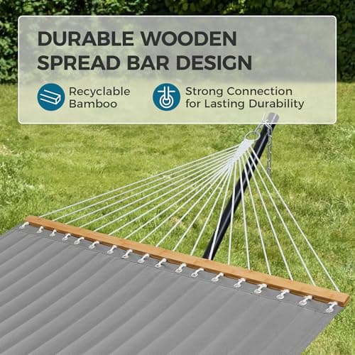 SUPERJARE Hammock with Stand, 2 Person Quilted Outdoor Hammock, Detachable Pillow & Bamboo Spreaders, Portable Hammock with Carrying Bag, Heavy Duty Stand, Perfect for Outside, Patio, Gray