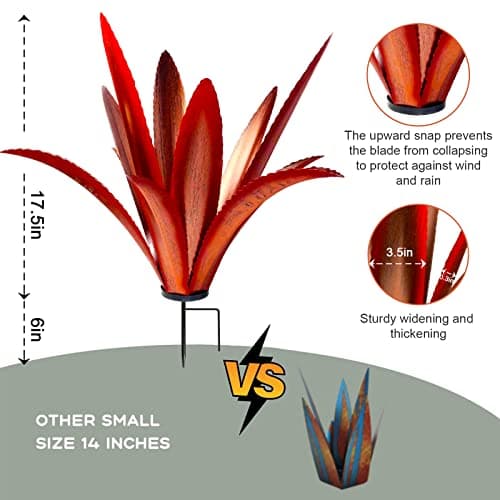 Enlarge Thickened Wind Resistant Metal Agave Garden Art Metal Plant Country Garden Sculpture Statue Outdoor Decoration Agave Metal Plant Courtyard Garden Lawn Ornament Gift (1, 12 Leaves red)