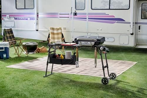 Cuisinart Prep ‘N Go Folding Gas Grill, Portable Stand-Up Propane Grill with Compact Fold and Storage Tote, Wheels and Side Table, 18,000 BTUs for Camping, Tailgating, Outdoor Cooking