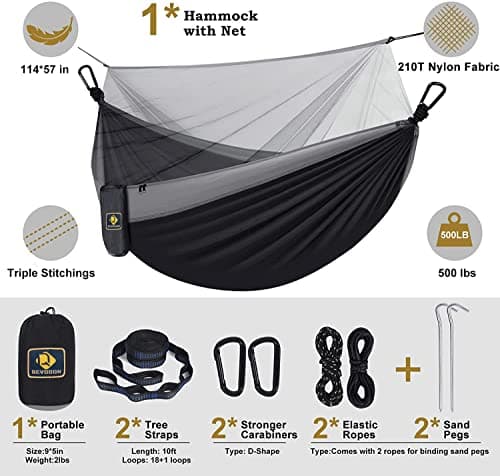 Camping Hammock with Net,Travel Portable Lightweight Hammocks with Tree Straps and Solid D-Shape Carabiners,Parachute Nylon Hammock for Outsides Backpacking Beach Backyard Patio Hiking
