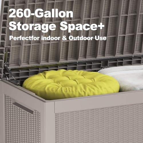 260 Gallon Resin Deck Box, Waterproof Outdoor Storage Box, Lockable for Patio Furniture, Garden Tools, Pool Accessories, UV-Resistant for All Weather Use, Coffee