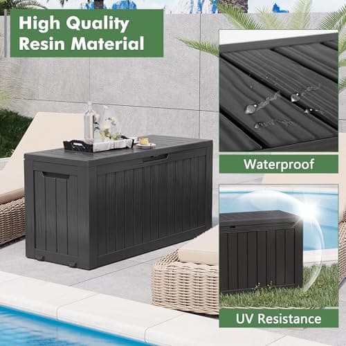 NUNU LAB 74 Gallon Outdoor Storage Box,Large Resin Sturdy Deck Box, Backyard Outside Storage Box Waterproof with Double Wall Panels,Package Delivery Garden Hose Storage Bin Outdoor Tool