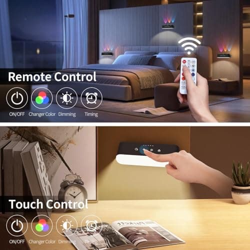 Wall Lights with Remote,Battery Operated Wall Sconce,3 Colors Temp & 9 RGB Ambient Sconce,Magnetic 360° Rotation Cordless Wall Mounted Lamps for Bedroom Bedside,Reading Bedside(Black)