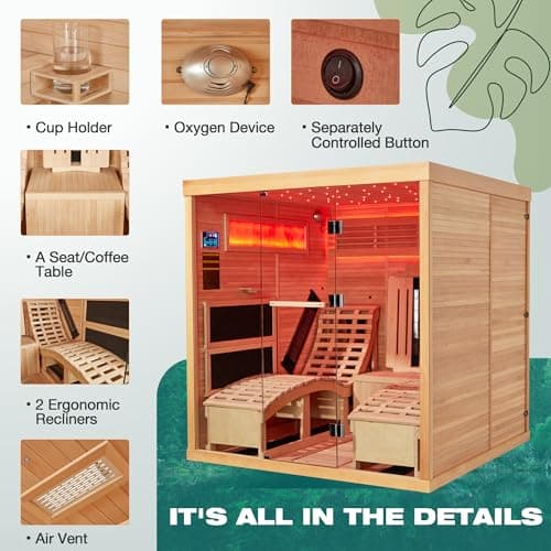 Infrared Sauna,2 Person Luxurious Indoor Sauna with Recliner, Wooden Sauna with 7-Color Starry Ceiling,9 Heating Tubes,5 Carbon Panels,2-in-1 Door Handle,Himalayan Salt Brick,220V