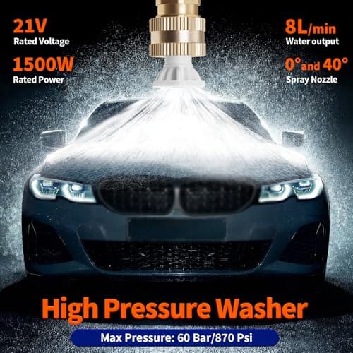 Cordless Pressure Washer,1500W Portable Battery Pressure Washer, 60Bar/870 PSI High Pressur𝗲 Washer Gun with 2 Nozzles, 2 Battery, 5m Hose Cordless Jet Washers/Pressur𝗲 Washer for Car/Floor/Patio