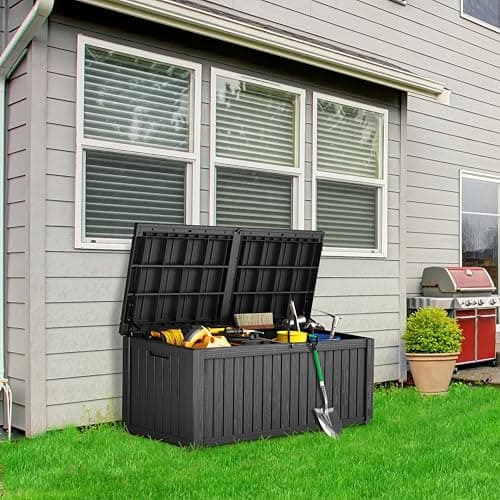 150 Gallon Lockable Resin Deck Box, Waterproof & UV-Resistant Outdoor Storage Box for Cushion Storage and Delivery, Black