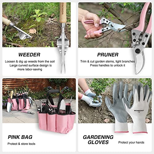 WORKPRO 8-Piece Pink Garden Tool Set, Stainless Steel Gardening Tools with Wood Handle, Including Garden Tote, Gloves, Trowel, Hand Weeder, Cultivator and More, Gardening Gifts For Women - Pink Ribbon