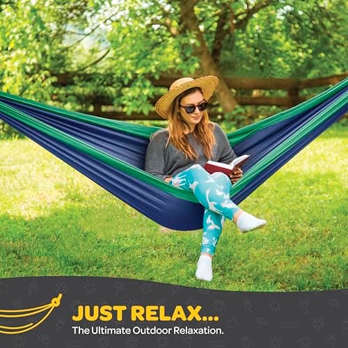 Durable Hammock 400 lb Capacity, Nylon Camping Hammock Chair - Double or Single Sizes w/Tree Straps and Attached Carry Bag - for Travel/Backpacking/Beach/Backyard (Medium, Black & Light Grey)