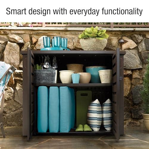 Rubbermaid Decorative Outdoor Storage Cabinet (123 Gal), Weather Resistant, Brown, Organization for Home/Backyard/Pool Chemicals/Toys/Garden Tools/Porch/Patio Cushions