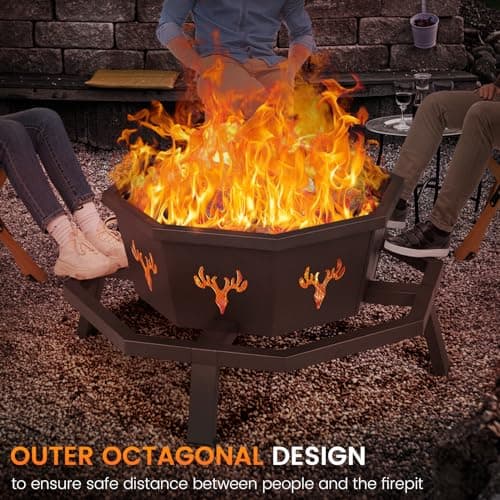 BOINN 35 Inch Fire Pit, Wood Burning Fire Pit for Outside, Heavy Duty Octagonal Firepit with Poker for Camping Backyard Patio Black