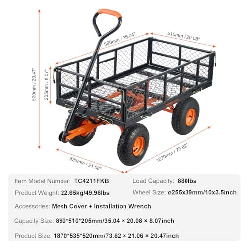 VEVOR 880lbs Steel Garden Dump Cart Utility Wagon, Heavy Duty Yard Dump Wagon Cart with Removable Sides, Pullable Handle, Utility Liner, 10in All Terrain Wheels