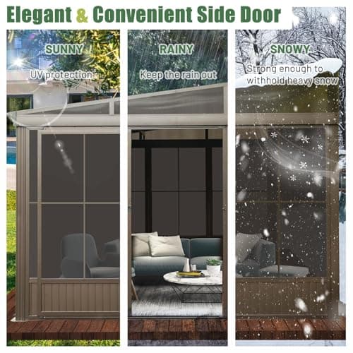 Domi 10’ x 12’ Sunroom, All-Season Wall Mounted Gazebo Solarium with Front Door, Side Entrance, Galvanized Steel Sloping Roof, PVC Screen, Outdoor Permanent Sun Room Lean to Gazebo for Deck Patio