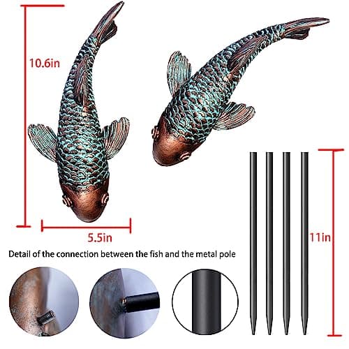 Koi Fish Decor - Set of 2 Antique Koi Fish Garden Statue for Outdoors, Patio and Backyard Decoration