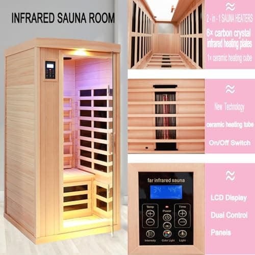 Ceramic 1 Person Infrared Sauna Far Infrared Saunas for Home Hemlock Wood Indoor Sauna Room 2 in 1 Sauna with Low EMF Heaters + Ceramic Heating Cube-Chromotherapy-Bluetooth Speaker