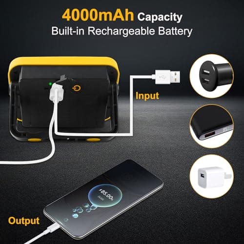 T-SUN Battery Work Light Rechargeable Portable Flood Light Cordless LED Work Light with Tripod Hole IP65 Waterproof Trouble Light USB Powered for Camping Car Repaire Job Site