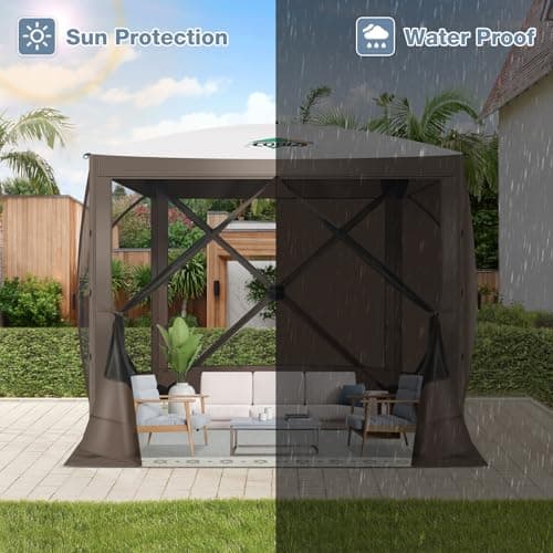 COBIZI Pop Up Gazebo Screen Tent Screen House for Camping, 8FTx8FT Screen Room with Sidewalls and Mosquito Netting, Hub Tent Instant Screened Canopy with Carrying Bag and Ground Stakes, Brown