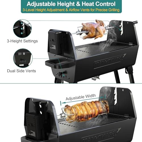 Brand-Man portable Charcoal Grill with Motor, 2-in-1 Adjustable Spit Roaster & BBQ Grill for Camping, Tailgating, Backyard, & Outdoor Cooking, Foldable Legs & dual side vents