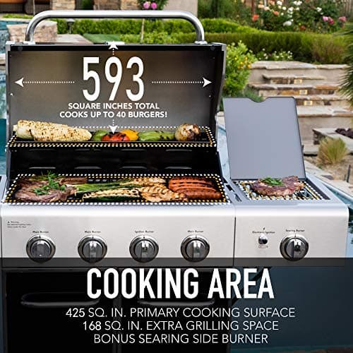 Kenmore 4-Burner BBQ Gas Grill with Searing Side Burner, Propane Grill, 52,000 BTUs, Warming Rack, Electronic Ignition & Cast Iron Cooking Grates, Black/Stainless Steel