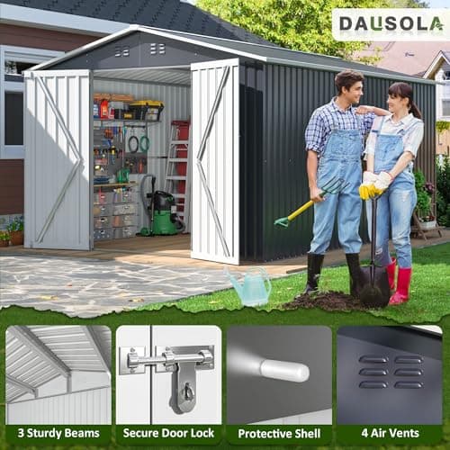 10x12 FT Outdoor Storage Shed, Metal Garden Tool Shed with Updated Frame Structure and Lockable Doors, Ideal for Garden Backyard Patio Lawn, Grey