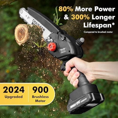 Seesii Mini Chainsaw 8 inch DL07, Electric Chainsaw Cordless, Upgraded Brushless Chain saw with Auto Oiler, 2pcs 2000mAh Batteries, Battery Powered Saws Handheld Chain Saw for Tree Branch Wood Cutting