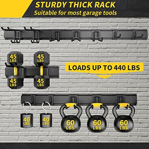 Garage Storage, Garage Organization, Wall Mount Garden Tool Organizer 48 Inches, 440lbs Adjustable Heavy Duty Metal Hooks, Yard Shed Rack Holder System Hanging Rake Broom Mop Snowboard, Men Gift