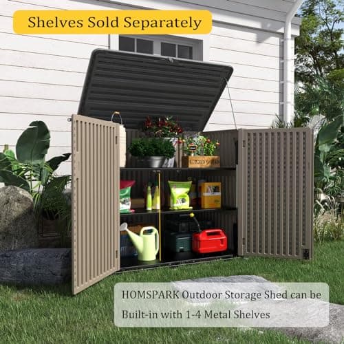 HOMSPARK Storage Shed Weather Resistance, Multi-Purpose Outdoor Storage Cabinet Waterproof, Outdoor Storage Cabinet for Bike, Garbage Cans, Lawnmower, Garden Accessories (coffee, Extra Large-48 cu ft)
