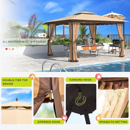 [New-Gen] Outdoor Patio Gazebo10x12,Gazebo with Mosquito Netting[Sturdy Metal Heavy Duty Frame],Outdoor Canopy Gazebos with Double Air Roofs,Outdoor Gazebo Tent,Waterproof Sunshade for Backyard/Deck