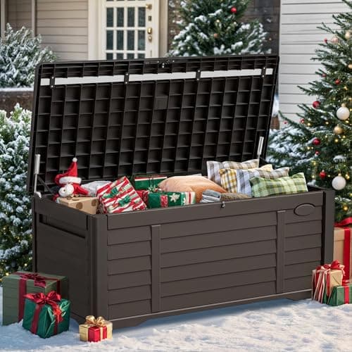 YITAHOME 120 Gallon Large Outdoor Storage Deck Box, Waterproof Cushion Storage Bench with Lockable Lid for Patio, Pool Supplies, Garden Tools, Resin, Dark Brown