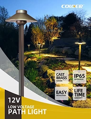 COLOER Brass Low Voltage Outdoor Path Lights 4-Pack with 2W LED G4 Bulb,12V Waterproof China Hat Pathway Lighting for Yard, Patio, Landscape, Planter, Walkway(602B)
