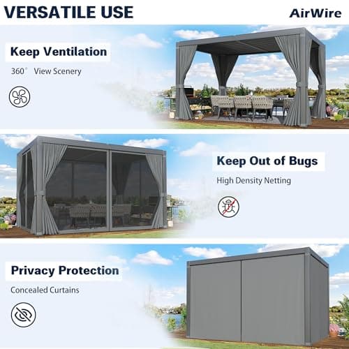 Pergola 10x12 Ft Louvered Pergola Aluminum Outdoor Pergolas W/Adjustable Roof, Waterproof Curtains and Nets Outdoor Gazebo for Deck,Patio,Backyard and Garden