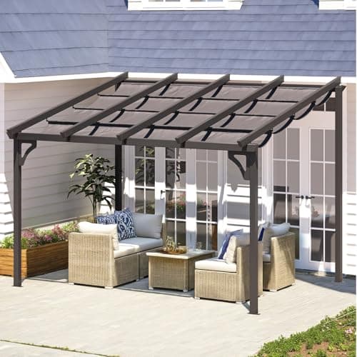AECOJOY 10' x 8' Gazebo for Patio, Retractable Pergola with Adjustable Sun Shade Canopy Roof, Small Wall-Mounted Lean to Outdoor Pergolas and Gazebos Clearance, Metal Awnings for Decks, Patio
