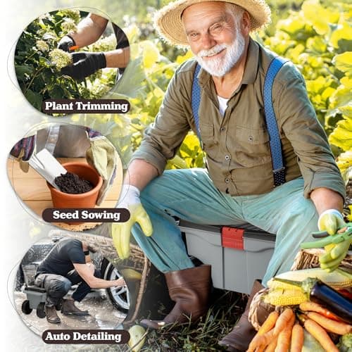 Pure Garden Rolling Garden Cart with Seat - Plastic Storage with Bench and Interior Tool Tray - Gardening Stool for Weeding and Planting (Gray)