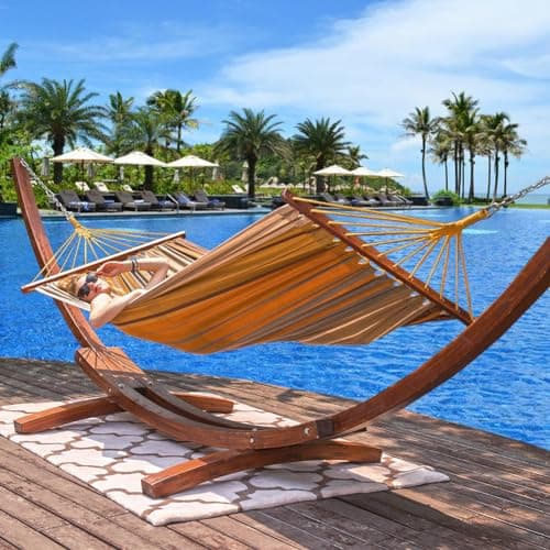 Lazy Daze Hammocks Cotton Fabric Spreader Bar Hammock and 10.5 Ft Wood Arc Hammock Stand Combo, for Indoor, Outdoor,Patio, Backyard, Khaki and Brown