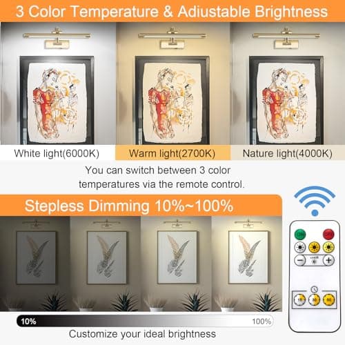 Wireless Picture Lights for Wall Rechargeable, Battery Operated Art Light for Paintings, 3CCT Dimmable, 15.7" Brass Finish with Remote, Rotatable Gallery Light for Pictures Display