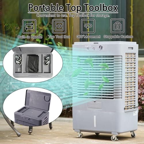 37" Evaporative Air Cooler 3000 CFM, 8 Gal Water Tank, 3 Speeds, Oscillating Cools up to 720 Sq. ft, Portable Industrial Swamp Water Cooler for Outdoor Commercial Factory - Gray