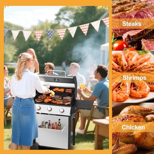 3-Burner Propane Gas Grill, Stainless Steel Cabinet with Side Table & Knob Controls, BBQ Cast Iron Grates and Thermometer for Outdoor Cooking, Patio, BBQ