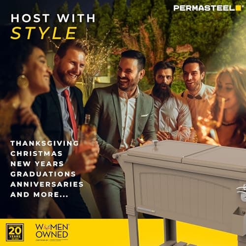 Permasteel 80-Qt Rolling Patio Cooler with Storage Shelf, Large Beverage Cart for Outdoor Entertaining, Backyard, Deck & Parties, Antique Teak Style, Taupe + Bonus Cover