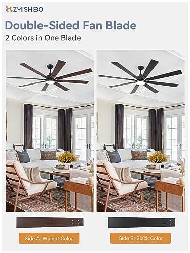 72 inch Large Ceiling Fans with Lights and Remote, Indoor/Outdoor Black Modern Ceiling Fan for Kitchen Living Room Patio, 6 Speed Reversible Quiet DC Motor, 3 CCT, Dual Finish 8 Blades