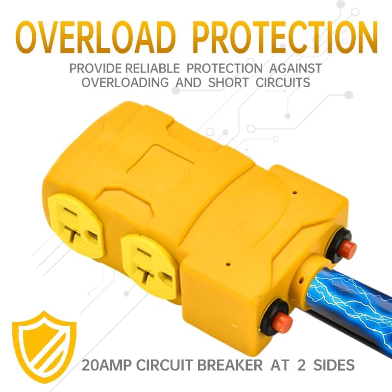 30 Amp to 20 Amp 110V RV Distribution Adapter, TT-30P to 4 X 5-20R/15R RV 4-Prong to Mutiple Household Outlet w/ 20amp Circuit Breaker, RV Generator Distribution Cord Electrical Outlet 1.5FT