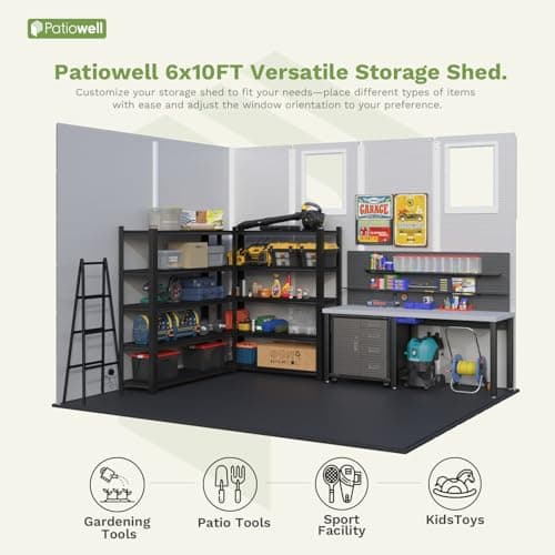 Patiowell 6 x 10 FT Plastic Outdoor Storage Shed with Floor, Resin Outside Tool Shed with Two Windows and Lockable Door for Garden, Backyard, Tool Storage Use, Easy to Install, Light Grey