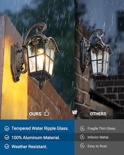 DEWENWILS Outdoor Wall Light Fixtures Wall Mount, Black Roman 17.7" H Exterior Wall Lantern, Anti-Rust & Waterproof, Water Ripple Glass, Outside Wall Sconce Porch Light for House, Garage