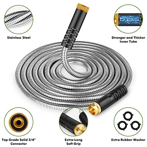 Garden Hose 50 ft, Stainless Steel Water Hose with 10 Function Nozzle Flexible, Heavy Duty, Lightweight, No-Kink, Pet Proof, Puncture Proof Hose Metal for Yard, Outdoor