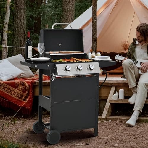 Gas Grill, Stainless Steel 30,000 BTU Patio Garden Barbecue Grill, 3 burner propane grill with Top Cover Lid, Wheels, and 2 Side Shelves, for Outdoor Patio Garden Picnic Back