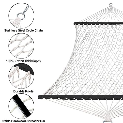 SZHLUX Double Rope Hammocks, Traditional Hand Woven Cotton Hammock with Hardwood Spreader Bar and Carrying Case for Outdoor, Indoor for Two Person, 450lb Weight Capacity