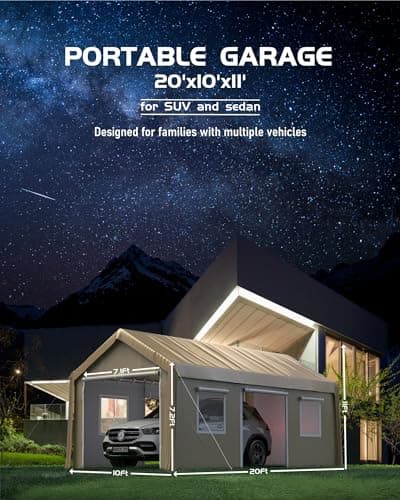 10'x20' Windproof Carport Heavy Duty, Portable Garage with 4 Roll-Up Doors, 4 Mesh Windows, 180g PE Top Cover, and Reinforced Frames, for Full-Size Sedans, Bass Boats, and SUVs, Khaki