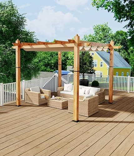 10 x 10 Ft Wood-Grain Aluminum Pergola Outdoor Pergola with Retractable Canopy Sun Shade Shelter for Garden, Patio, Backyard, Deck - Khaki