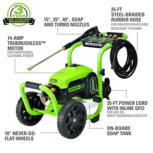Greenworks Pro Brushless 3000 PSI (CSA Certified) 2.0 GPM Max / 1.1 GPM Electric Pressure Washer (Rugged Steel Frame, 25 FT Hose, 35 FT GFCI Power Cord)