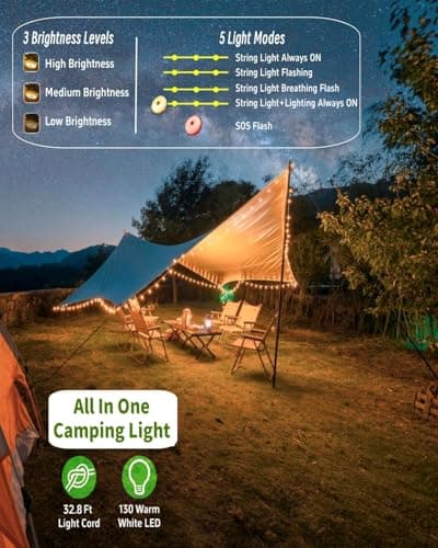Solar Camping String Lights, 32.8FT Fairy String Lights 130LEDs, Portable Waterproof Camping Lamp with 8 Lighting Modes, Hanging Rechargeable Tent Lantern for Awning Garden Yard Party Decor