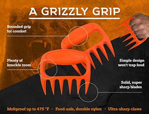 Bear Paws Meat Claws - The Original Meat Shredder Claws, USA Made - Easily Lift, Shred, Pull and Serve Meats - Ultra-Sharp, Ideal Meat Claws for Shredding Pulled Pork, Chicken, Beef, Turkey - Orange