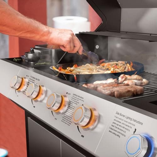 4 Led Burner Propane Gas Grill with Side Burner, Stainless Steel Gas Grill with Built-in thermometer & Enameled Cast Iron Grates, 60,000 BTUs Output for Outdoor Cooking and Patio Backyard Barbecue